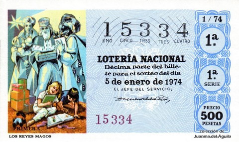 Décimo de Lotería Nacional de 1974 Sorteo 1 - LOS REYES MAGOS