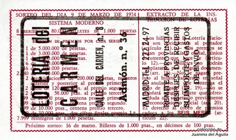 Reverso décimo de Lotería 1974 / 10