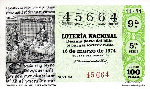 Décimo de Lotería Nacional de 1974 Sorteo 11 - CRONICA DE JAIME I (FRAGMENTO)</a>