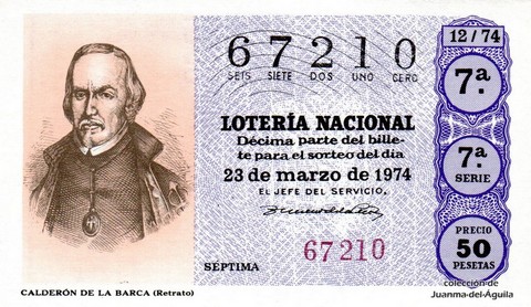 Décimo de Lotería Nacional de 1974 Sorteo 12 - CALDERÓN DE LA BARCA (Retrato)