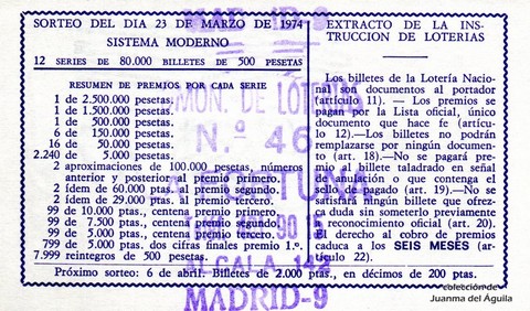 Reverso del décimo de Lotería Nacional de 1974 Sorteo 12