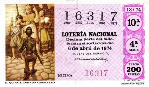 Décimo de Lotería Nacional de 1974 Sorteo 13 - D. QUIJOTE ARMADO CABALLERO