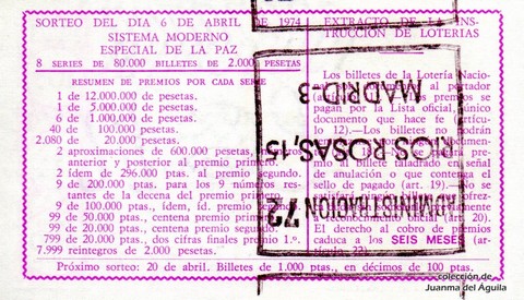 Reverso del décimo de Lotería Nacional de 1974 Sorteo 13