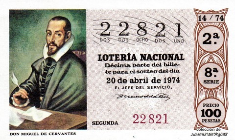 Décimo de Lotería Nacional de 1974 Sorteo 14 - DON MIGUEL DE CERVANTES