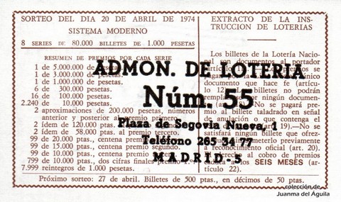 Reverso del décimo de Lotería Nacional de 1974 Sorteo 14