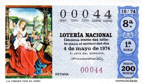 Décimo de Lotería Nacional de 1974 Sorteo 16 - LA VIRGEN CON EL NIÑO