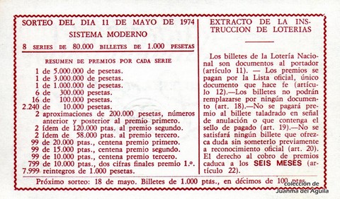 Reverso décimo de Lotería 1974 / 17