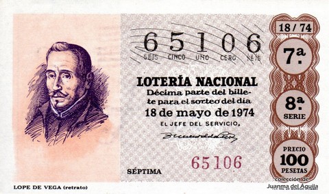 Décimo de Lotería Nacional de 1974 Sorteo 18 - LOPE DE VEGA (retrato)