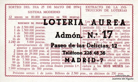 Reverso del décimo de Lotería Nacional de 1974 Sorteo 19