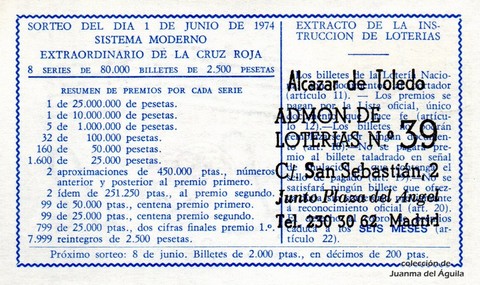 Reverso del décimo de Lotería Nacional de 1974 Sorteo 20