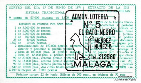 Reverso del décimo de Lotería Nacional de 1974 Sorteo 22