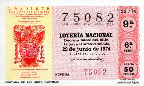 Décimo de Lotería Nacional de 1974 Sorteo 23 - PORTADA DE LAS SIETE PARTIDAS