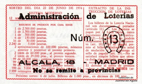 Reverso del décimo de Lotería Nacional de 1974 Sorteo 23