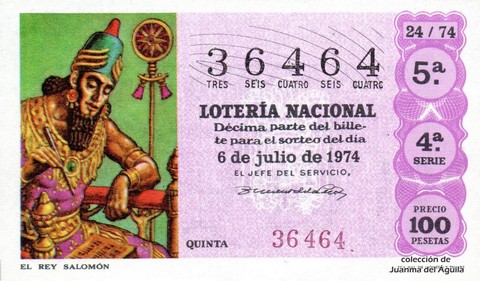 Décimo de Lotería Nacional de 1974 Sorteo 24 - EL REY SALOMÓN