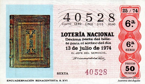 Décimo de Lotería Nacional de 1974 Sorteo 25 - ENCUADERNACIÓN RENACENTISTA. S. XVI