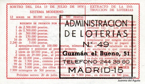 Reverso del décimo de Lotería Nacional de 1974 Sorteo 25