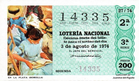 Décimo de Lotería Nacional de 1974 Sorteo 27 - EN LA PLAYA (SOROLLA)