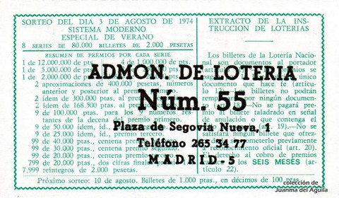 Reverso del décimo de Lotería Nacional de 1974 Sorteo 27