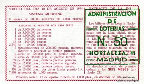 Reverso del décimo de Lotería Nacional de 1974 Sorteo 28