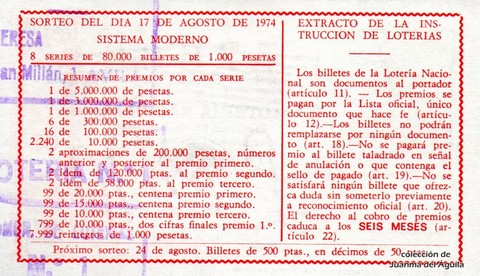 Reverso décimo de Lotería 1974 / 29