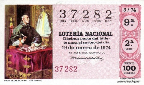 Décimo de Lotería Nacional de 1974 Sorteo 3 - SAN ILDEFONSO (El Greco)