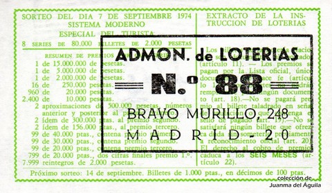 Reverso del décimo de Lotería Nacional de 1974 Sorteo 31