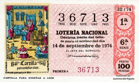 Décimo de Lotería Nacional de 1974 Sorteo 32 - CARTILLA PARA ENSEÑAR A LEER