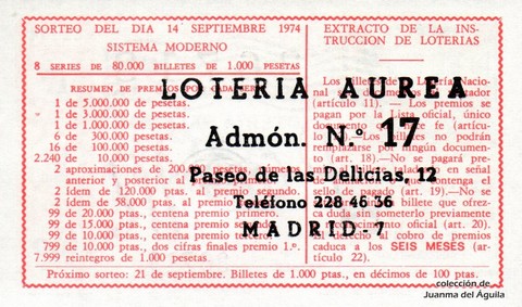 Reverso décimo de Lotería 1974 / 32