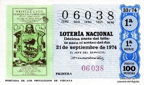 Décimo de Lotería Nacional de 1974 Sorteo 33 - PORTADA DE LOS PRIVILEGIOS DE VIZCAYA