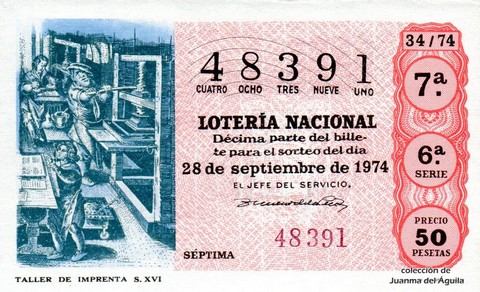 Décimo de Lotería Nacional de 1974 Sorteo 34 - TALLER DE IMPRENTA  S. XVI