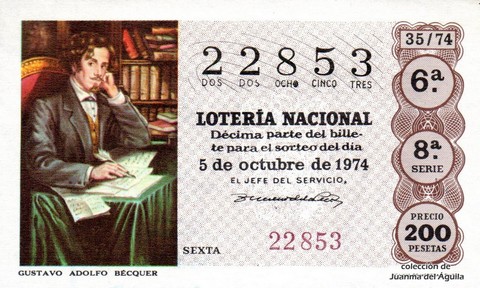 Décimo de Lotería Nacional de 1974 Sorteo 35 - GUSTAVO ADOLFO BÉCQUER