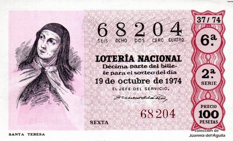 Décimo de Lotería Nacional de 1974 Sorteo 37 - SANTA TERESA
