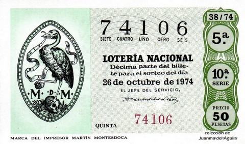 Décimo de Lotería Nacional de 1974 Sorteo 38 - MARCA DEL IMPRESOR MARTÍN MONTESDOCA
