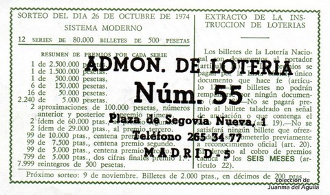 Reverso del décimo de Lotería Nacional de 1974 Sorteo 38
