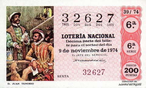 Décimo de Lotería Nacional de 1974 Sorteo 39 - D. JUAN TENORIO
