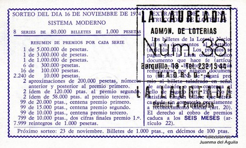 Reverso del décimo de Lotería Nacional de 1974 Sorteo 40