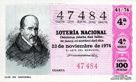 Décimo de Lotería Nacional de 1974 Sorteo 41 - LUIS DE GÓNGORA