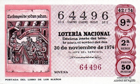 Décimo de Lotería Nacional de 1974 Sorteo 42 - PORTADA DEL LIBRO DE LOS SUEÑOS