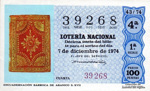 Décimo de Lotería Nacional de 1974 Sorteo 43 - ENCUADERNACIÓN BARROCA DE ABANICO S. XVII