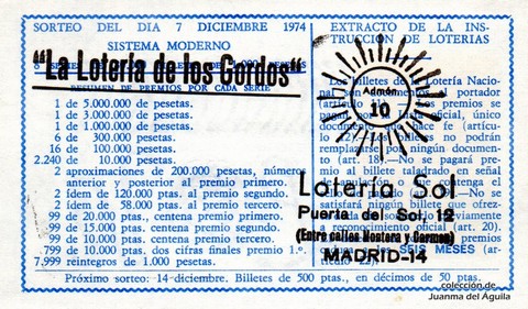 Reverso del décimo de Lotería Nacional de 1974 Sorteo 43