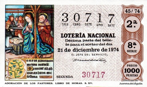 Décimo de Lotería Nacional de 1974 Sorteo 45 - ADORACIÓN DE LOS PASTORES. LIBRO DE HORAS. S. XV.
