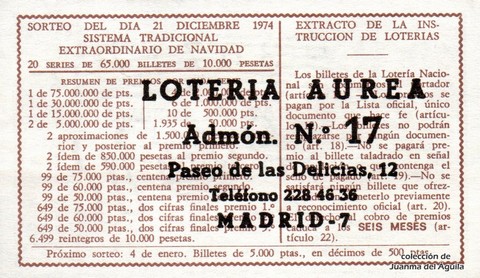 Reverso del décimo de Lotería Nacional de 1974 Sorteo 45