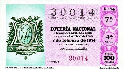 Décimo de Lotería Nacional de 1974 Sorteo 5 - MARCA DEL IMPRESOR  GABRIEL SANCHA