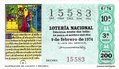 Décimo de Lotería Nacional de 1974 Sorteo 6 - ILUSTRACIÓN DE CALISTO Y MELIBEA