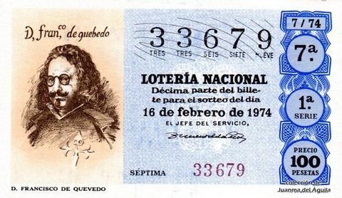 Décimo de Lotería Nacional de 1974 Sorteo 7 - D. FRANCISCO DE QUEVEDO