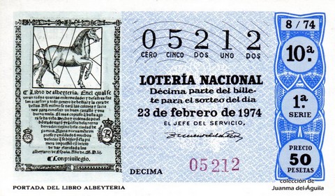 Décimo de Lotería Nacional de 1974 Sorteo 8 - PORTADA DEL LIBRO ALBEYTERIA