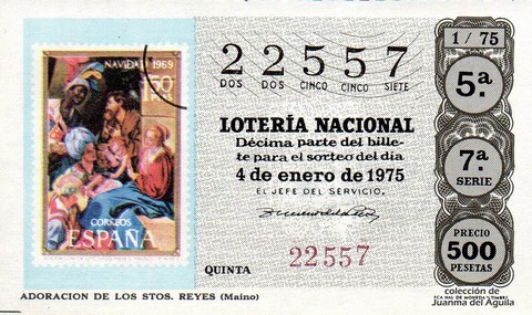 Décimo de Lotería Nacional de 1975 Sorteo 1 - ADORACION DE LOS STOS. REYES (Maino)