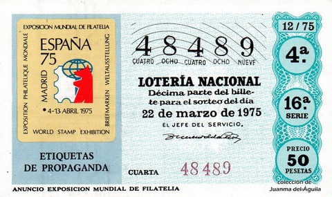 Décimo de Lotería Nacional de 1975 Sorteo 12 - ANUNCIO EXPOSICION MUNDIAL DE FILATELIA