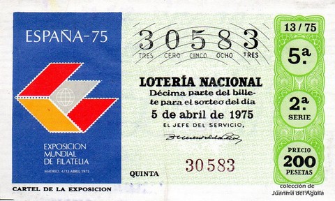 Décimo de Lotería Nacional de 1975 Sorteo 13 - CARTEL DE LA EXPOSICION