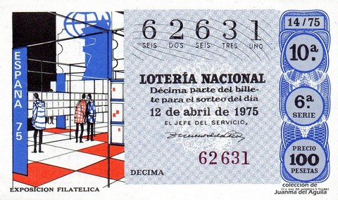 Décimo de Lotería Nacional de 1975 Sorteo 14 - EXPOSICION FILATELICA